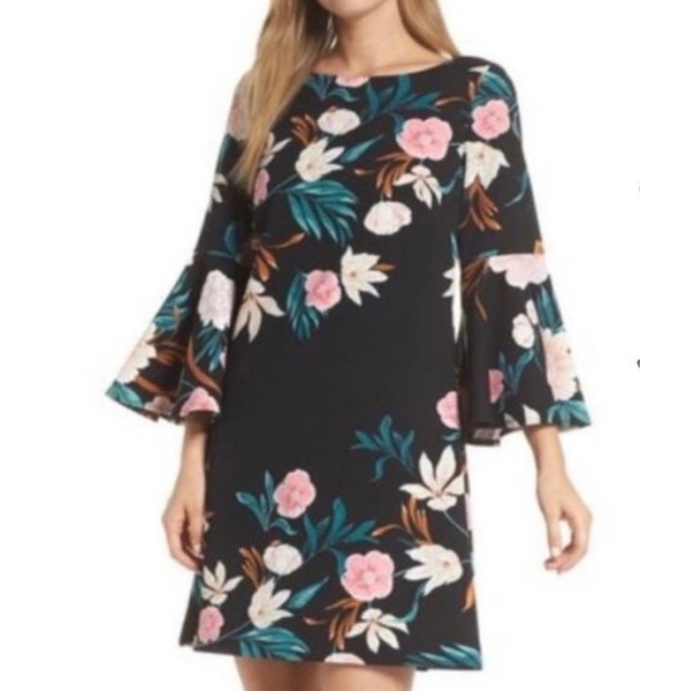 Eliza J Floral Bell Sleeve Shift Dress Womens 8‎ Black Pink Green